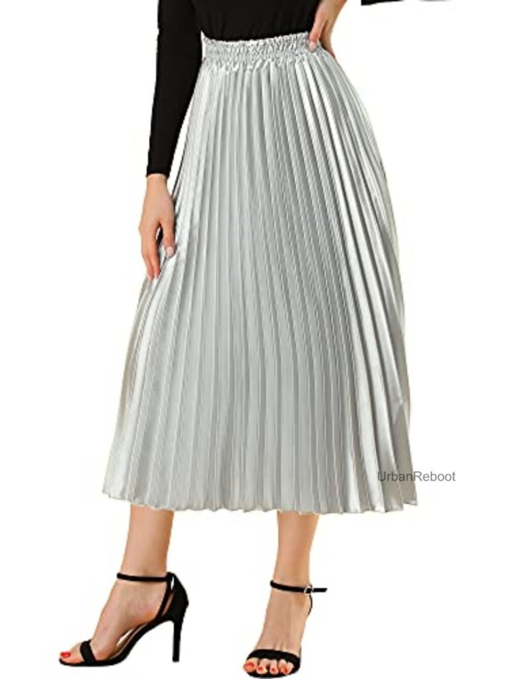 Pleated Midi Skirt High Waisted A-Line Swing Flare Party Clubwear
